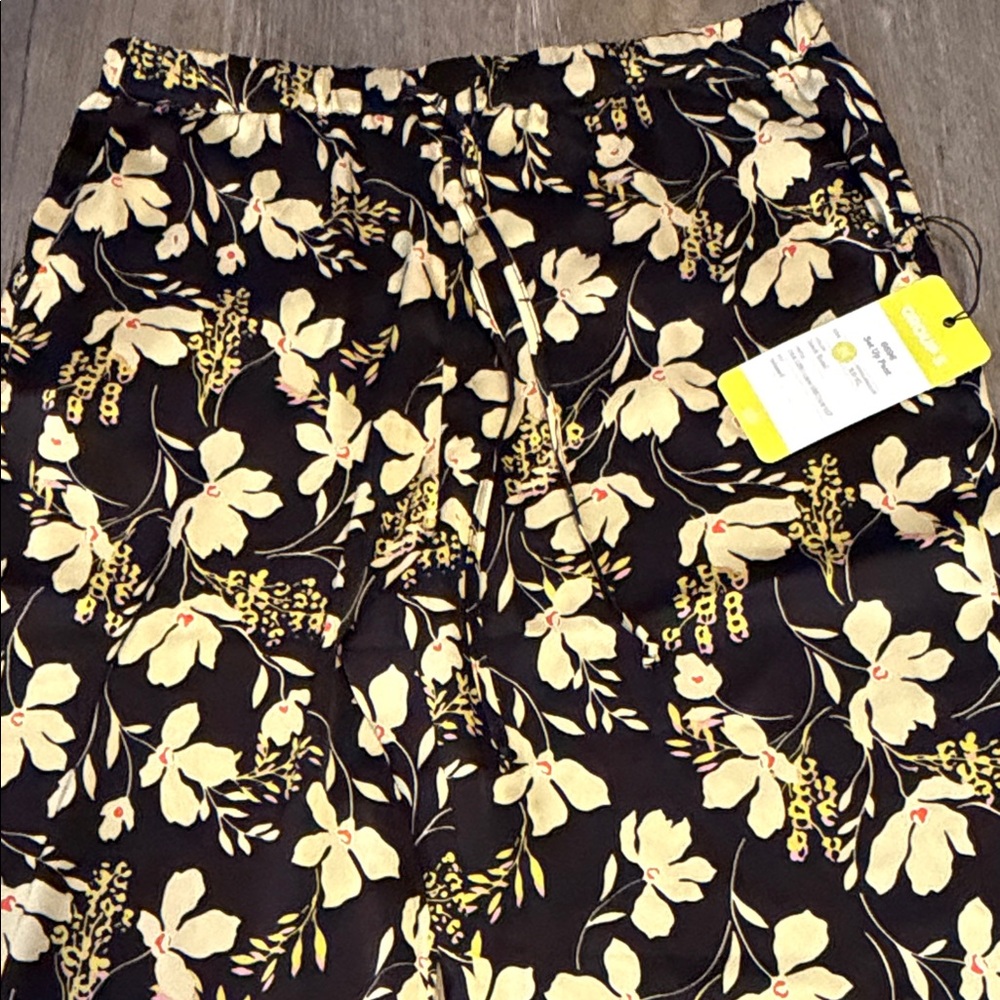 CAbi Black Floral Drawstring Pants with Cream and Pink Accents